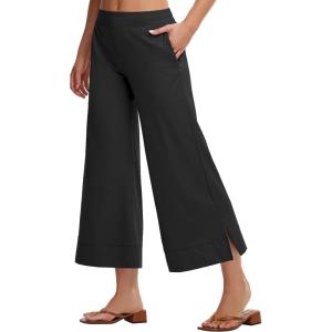 imageWomens Wide Leg Cropped Pants with Zipper Pockets Yoga Casual Travel Work Lightweight Quick Dry PantsBlack