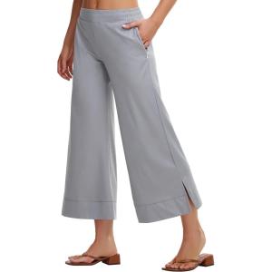 imageWomens Wide Leg Cropped Pants with Zipper Pockets Yoga Casual Travel Work Lightweight Quick Dry PantsGrey