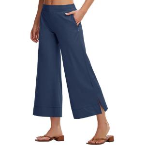 imageWomens Wide Leg Cropped Pants with Zipper Pockets Yoga Casual Travel Work Lightweight Quick Dry PantsNavy Blue