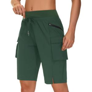 image:imageWomens 9 Bermuda Hiking Cargo Travel Shorts with Zipper Pockets Quick Dry Knee Length Long Board Short Summer BeachArmy Green