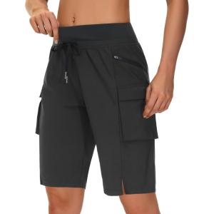 image:imageWomens 9 Bermuda Hiking Cargo Travel Shorts with Zipper Pockets Quick Dry Knee Length Long Board Short Summer BeachBlack