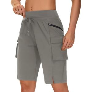 image:imageWomens 9 Bermuda Hiking Cargo Travel Shorts with Zipper Pockets Quick Dry Knee Length Long Board Short Summer BeachLight Brown