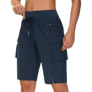 image:imageWomens 9 Bermuda Hiking Cargo Travel Shorts with Zipper Pockets Quick Dry Knee Length Long Board Short Summer BeachNavy